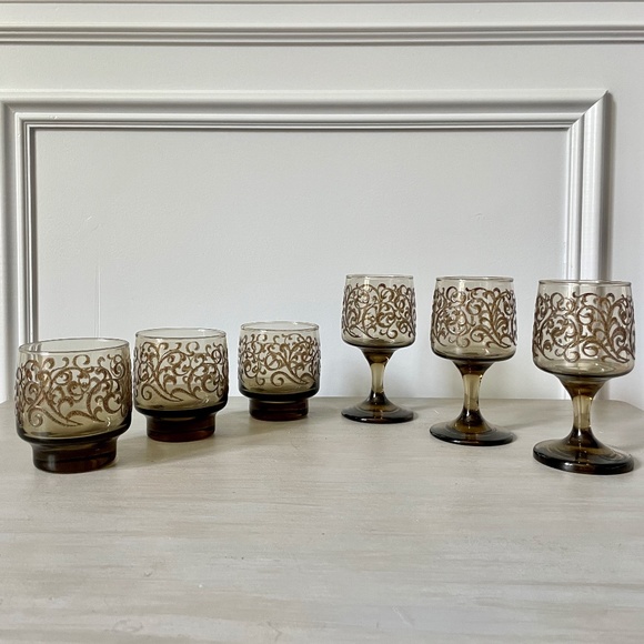 VINTAGE 1970s Libbey Prado Scroll 3 Low Ball Glasses + 3 Wine Glasses - Set of 6 - Picture 1 of 8